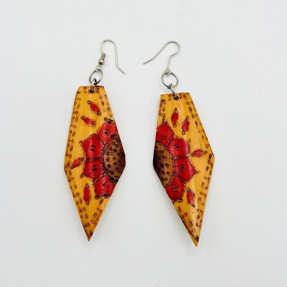 Vintage Red Sunflower Dangle Earrings Hand Burned Wood Flower